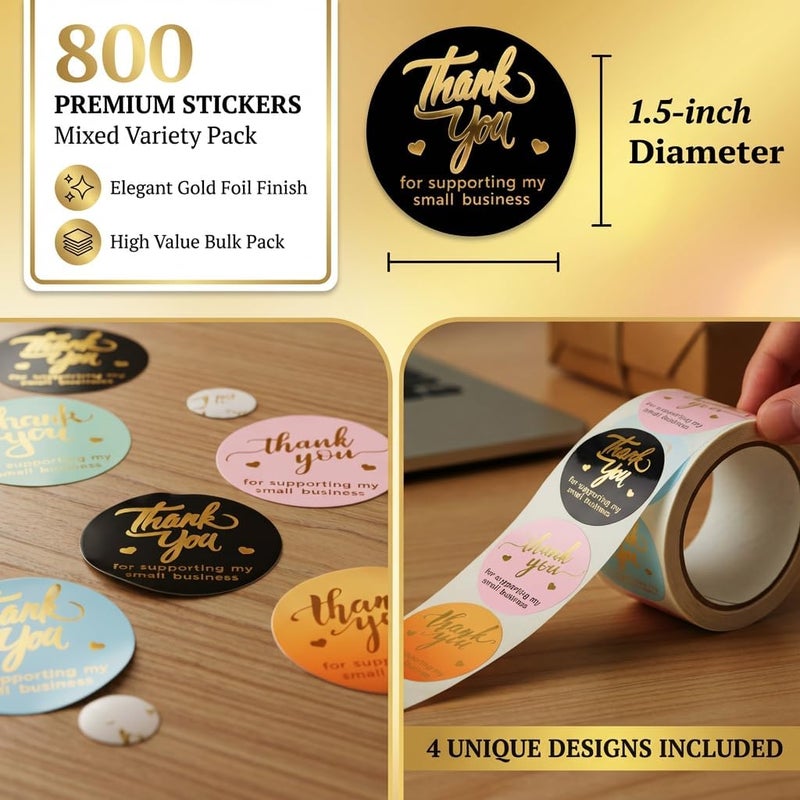 IBAKE 800 Thank You Stickers – 1.5" Round Labels (5 Designs, Multicolor) for Small Business, Packaging, Envelopes, Gift Bags, Bakery, Party Favors – Self-Adhesive Waterproof Thank You Sticker Roll - Image 2